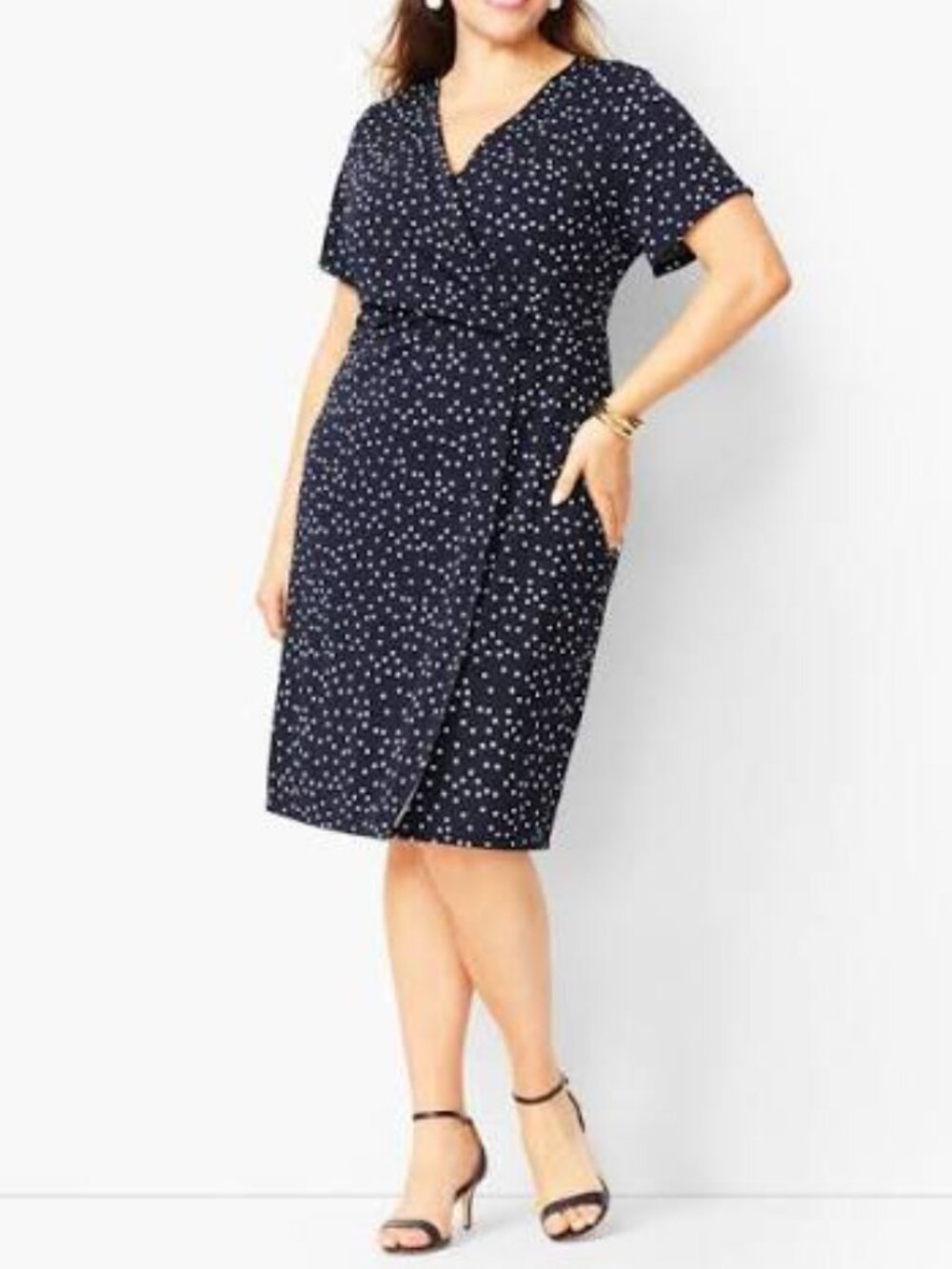 NEW Knit Jersey Faux-Wrap Dress SIZE 3X Blue, Dot Print, Stretch, Wrinkle Free